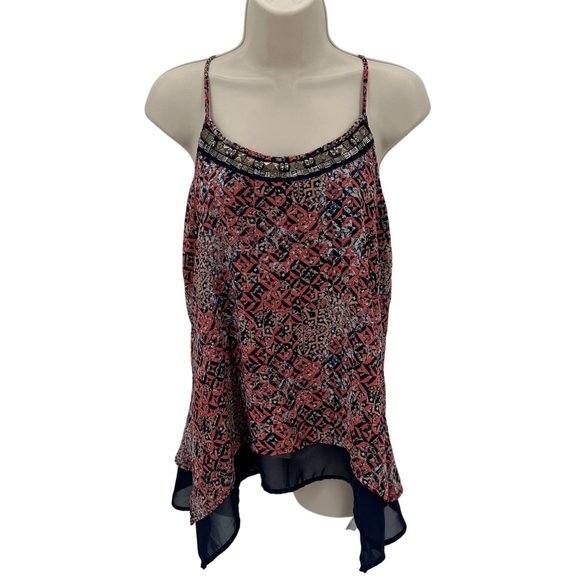 Maurices Womens Navy Red Print Beaded Strappy Sharkbite Hem Lined Tank Size S - Picture 1 of 7